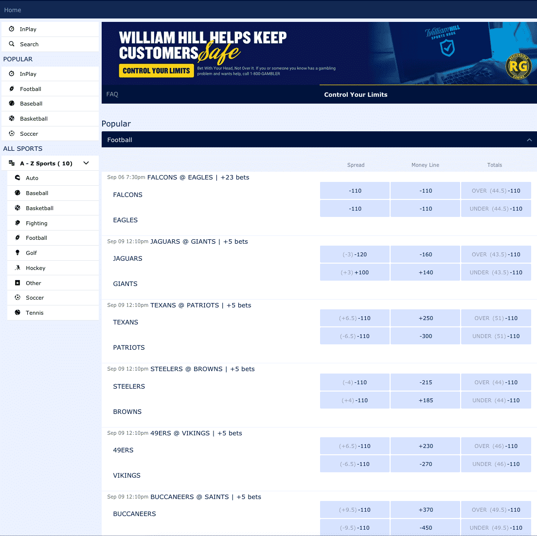 William Hill sportsbook interface