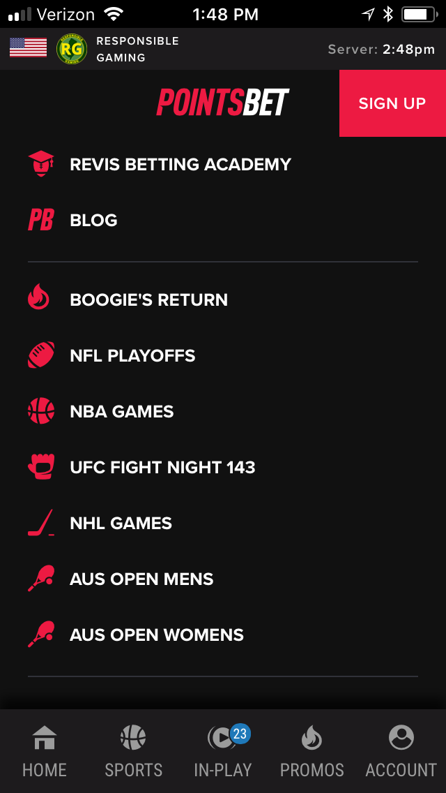 PointsBet mobile navigation