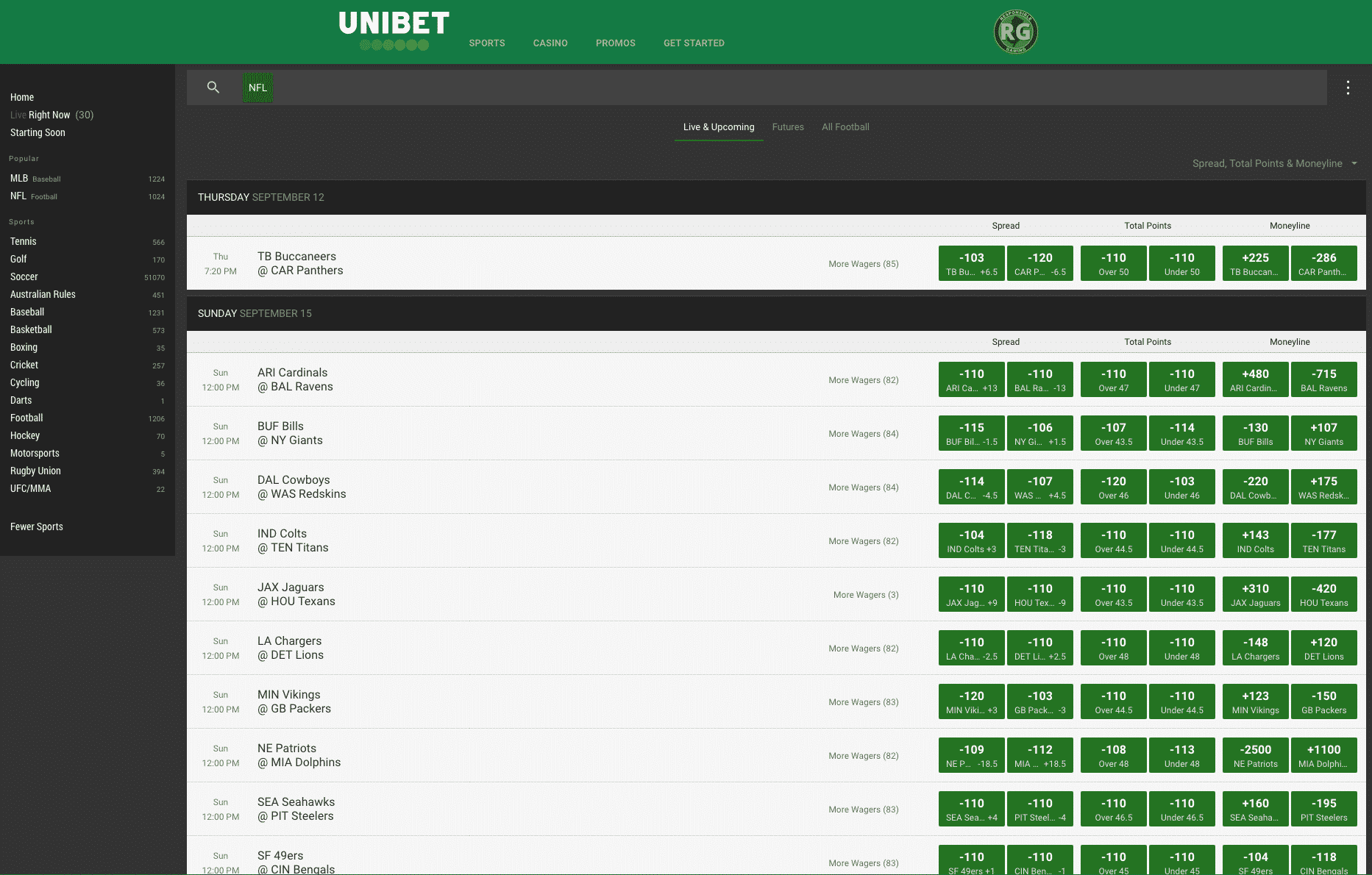 Unibet NFL betting