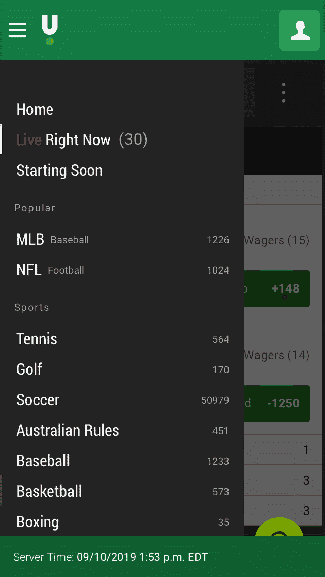 Unibet mobile menu