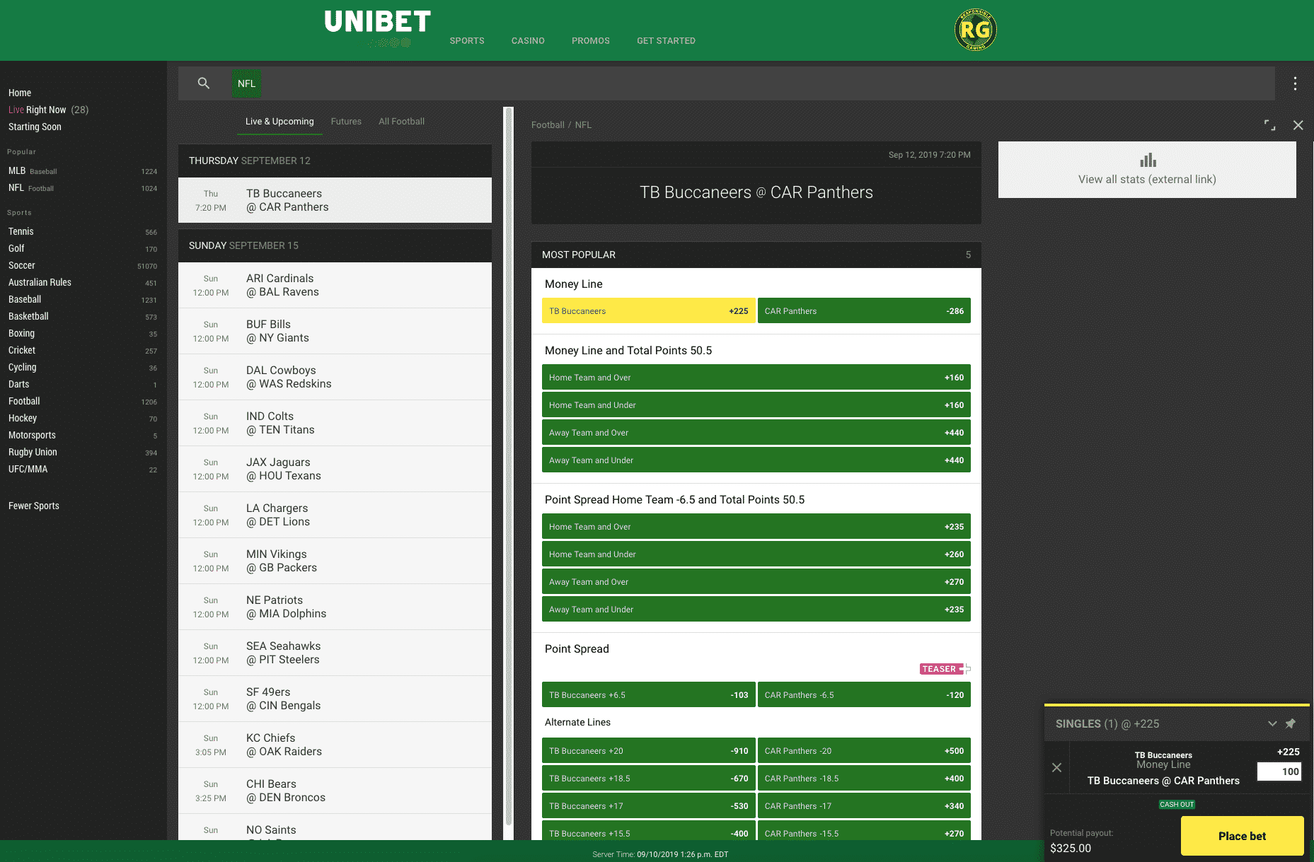 Unibet single game markets