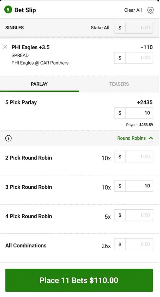 DraftKings Round Robin Bet Slip