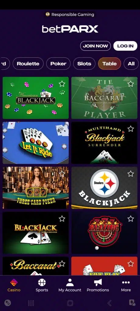 betPARX Casino Table Games