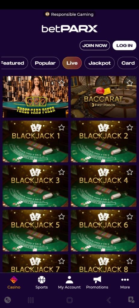 betPARX Live Dealer Games