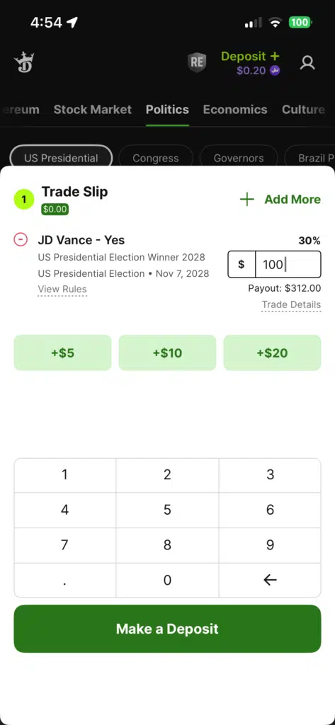 DraftKings Predictions order slip