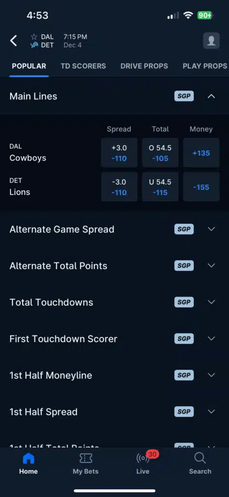 theScore sports betting lines
