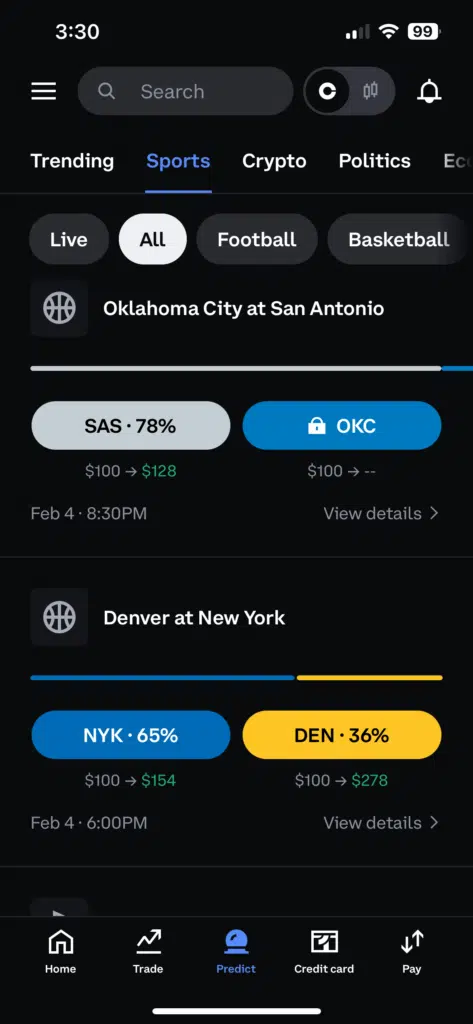 Coinbase Predict app screenshot