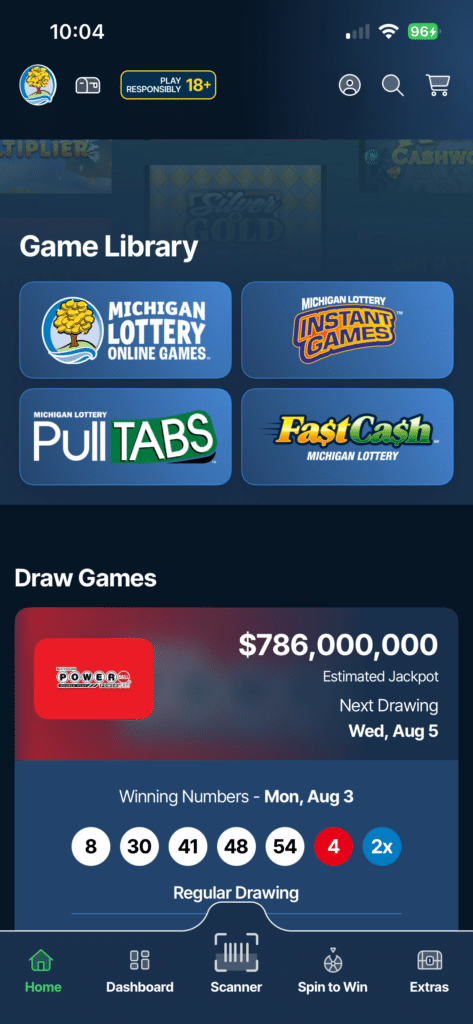 Michigan Lottery app home